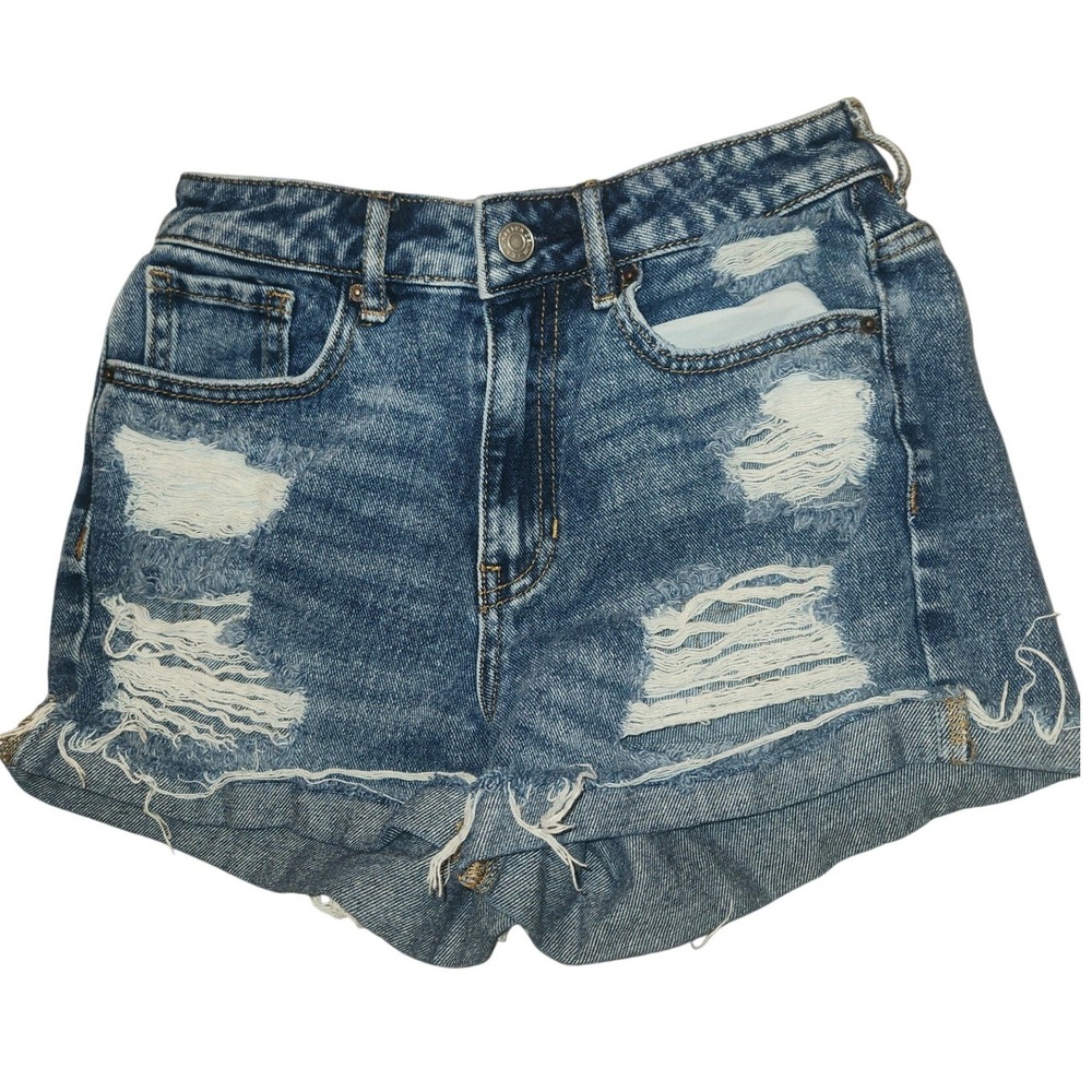 PacSun Mom Shorts Womens 24 Blue Medium Wash Distressed High Waisted Denim 44538